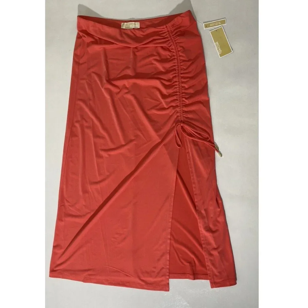 NEW Size L Womens Michael Kori Sangria Ruched Midi Skirt Polyester Elastane $98